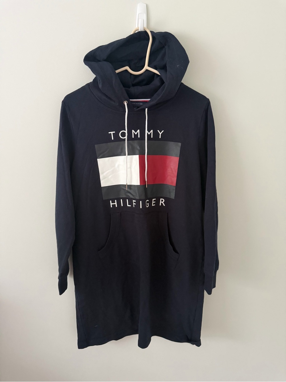 Tommy Hilfiger Navy Hoodie Dress with Red and White Logo Panel